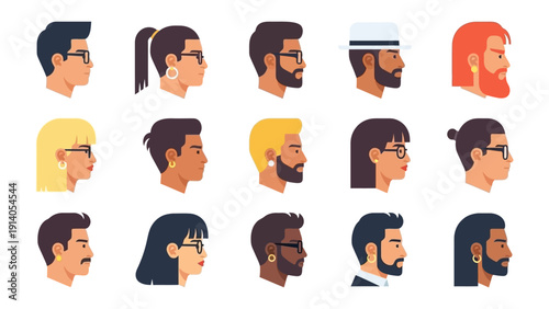 diverse flat design avatars with varied hairstyles facial hair and accessories representing user identity.