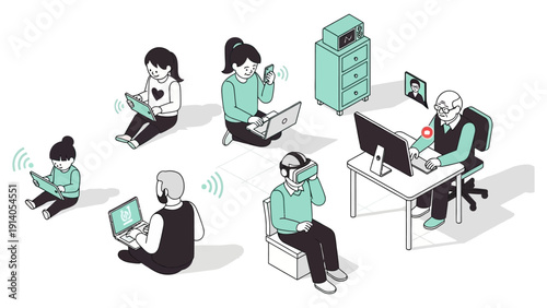 diverse generations utilizing various digital devices to connect and communicate in a modern internet-driven world showcasing remote lifestyle