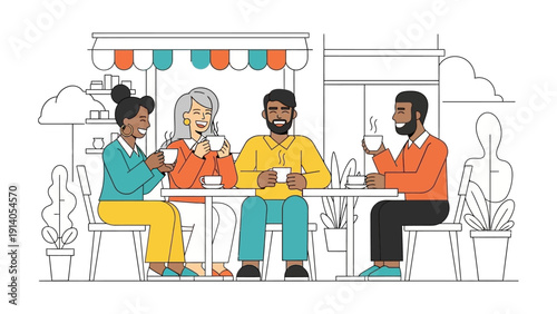 diverse group of friends enjoying coffee and lively conversation at an outdoor cafe celebrating friendship and community.