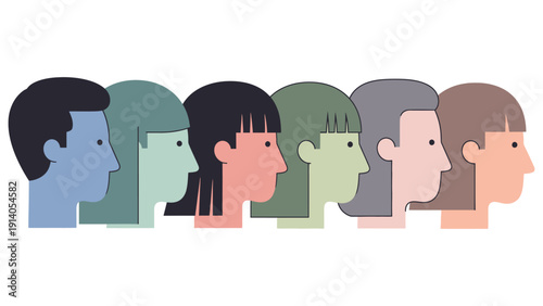 diverse group of people in abstract profile illustrations standing together to represent community inclusion individuality and team dynamics.