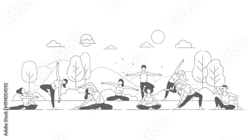 diverse group performing yoga outdoors in a park setting promoting healthy living mindfulness and overall well-being and fitness.