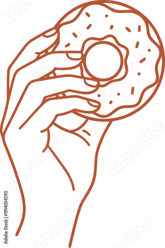 Woman hand holding a frosted donut with sprinkles. Simple outline vector illustration, concept of sweet food, pastry, dessert, snack