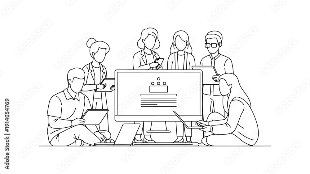 Fototapeta premium diverse team collaborating on digital project using monitor laptops tablets for data analysis.