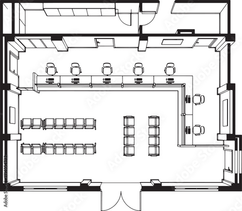 A detailed architectural plan offers a top-down view of an office space, presenting the arrangement of desks, chairs, and overall layout. 