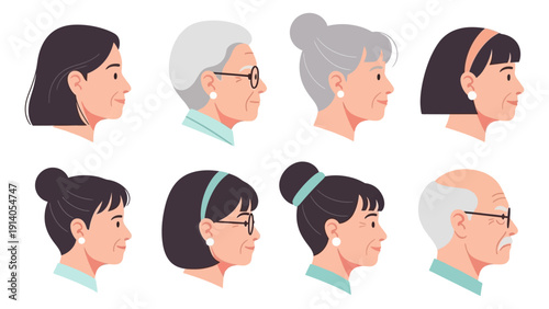 diverse senior citizens and older adults vector profiles showcasing various ages hairstyles and individualities.