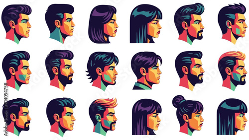 diverse stylized people portraits showcasing contemporary hairstyles and individual looks rendered in a vibrant graphic pop art aesthetic.