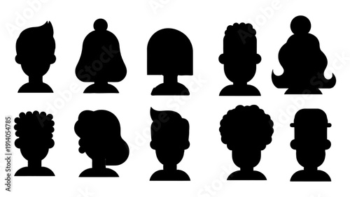diverse user avatar silhouettes with various hairstyles for modern web design app interfaces and profile icons.