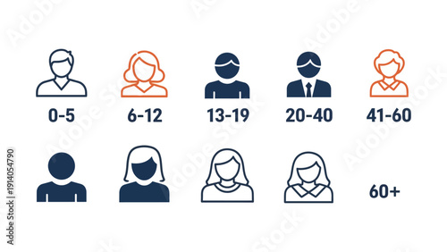 diverse vector icons showing age demographics and life stages ideal for population segmentation target audience analysis and business market data use.