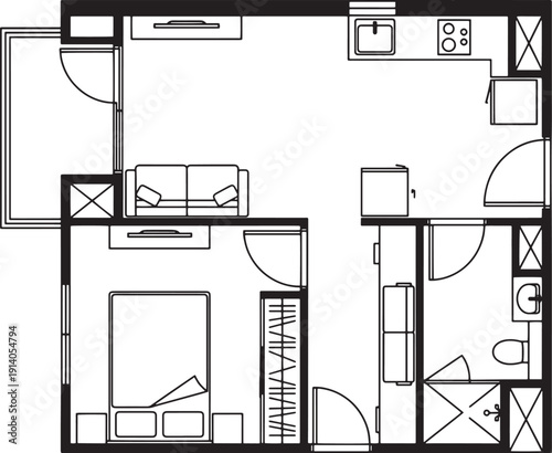 A detailed architectural floor plan, depicting a well-designed apartment layout, showcasing the spatial arrangement of various rooms and features.