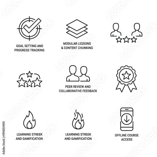 e-learning platform icons showcasing goal tracking modular lessons peer review gamification and offline course access for modern education.