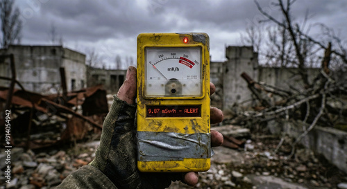 фотографія Hand Holding Geiger Counter Showing High Radiation Level