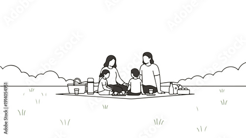 family of four enjoying a relaxing outdoor picnic parents and children on a blanket minimalist line art