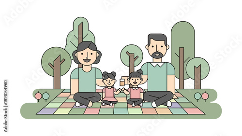 family picnic in a park with mom dad and two daughters sitting on a colorful blanket depicting joyful togetherness and outdoor leisure.