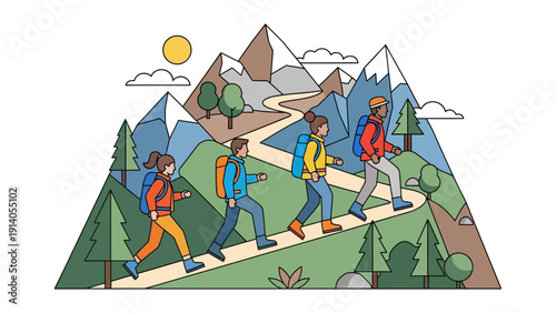 group of four hikers with backpacks trekking up a winding mountain trail under a sunny sky depicting outdoor adventure and healthy lifestyle