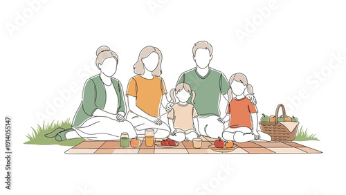 happy multi-generational family enjoying an outdoor summer picnic on a checkered blanket with healthy food illustrating togetherness leisure time