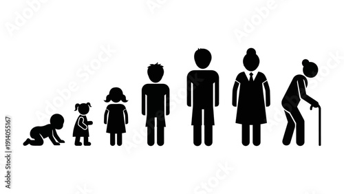human age progression simple icons depicting life cycle from infant to elderly illustrating growth development and aging process.