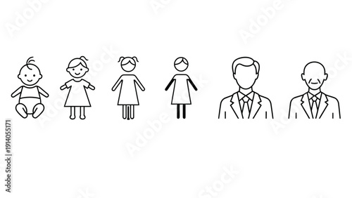 human life cycle line art icons featuring baby child woman man and elderly depicting age groups generations and population demographics.