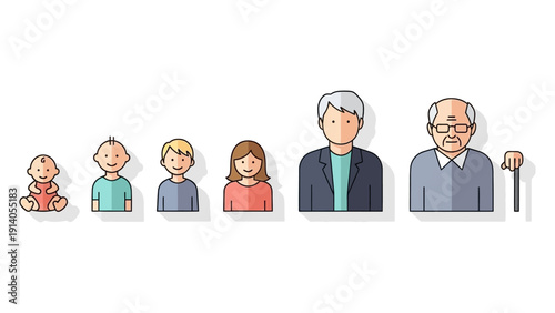 human life cycle progression icon set depicting stages from infancy to old age illustrating growth development and the aging process
