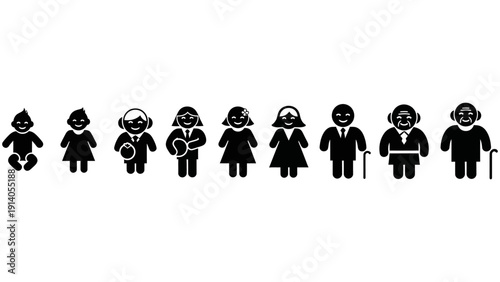 human life cycle stages stick figures illustrate age progression from infancy to old age depicting a full timeline of human development.