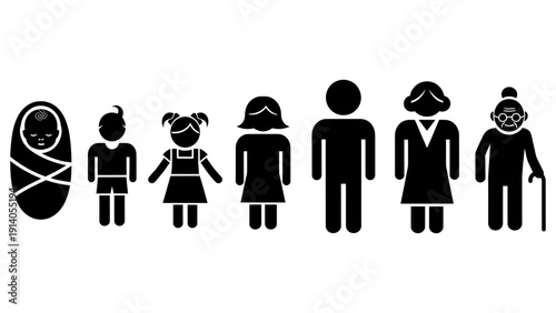 human life stages illustrated by black stick figures from infant to senior representing the full human development and aging cycle.