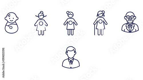 human lifecycle stages vector icons a diverse set from baby to senior representing growth health aging and diverse generations.