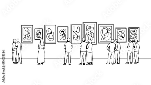 line drawing of people observing abstract art in a modern art gallery illustrating museum visitors appreciating paintings and culture.