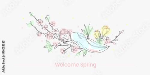 Woman sleeping among spring flowers. Concept of renewal, relaxation, nature and season change for greeting card.