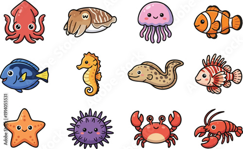 A set of a squid, cuttlefish, jellyfish, clownfish, Dory fish, seahorse, moray eel, lionfish, starfish, sea urchin, crab, and lobster in a flat, vector illustration style perfect for kids' designs 