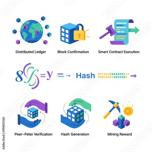 modern icons illustrate core blockchain and cryptocurrency concepts distributed ledger smart contracts hashing and mining rewards.