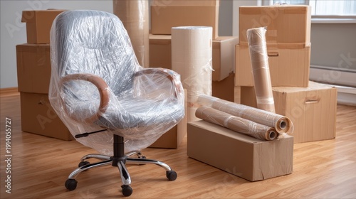Wrapped office chair in an empty room surrounded by moving boxes and packing materials, ready for relocation or storage in a home or office setting