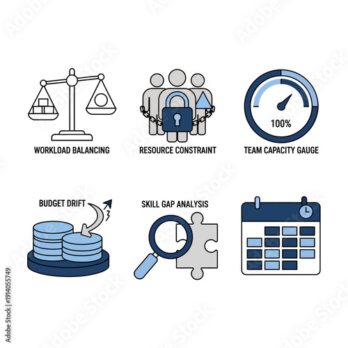 project management business icons vector for strategic planning illustrating resource allocation team capacity budget control.