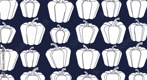 A modern seamless pattern of white bell pepper outlines on a dark navy blue background for a minimalist design.