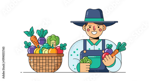 A happy cartoon farmer wearing a hat and overalls stands with a large basket full of fresh colorful vegetables.