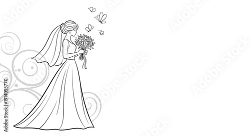 An elegant black and white line drawing of a beautiful bride in a wedding dress holding a bouquet with butterflies.