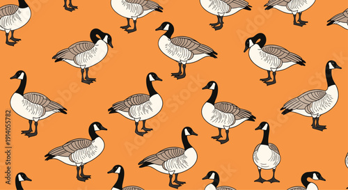 A seamless pattern of Canada geese standing in various poses on a bright orange background for a wildlife design.
