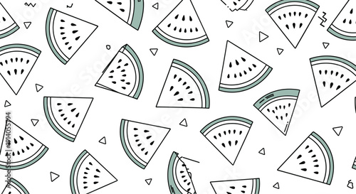A fun seamless pattern of stylized watermelon slices and small triangles in a simple black and white doodle style.