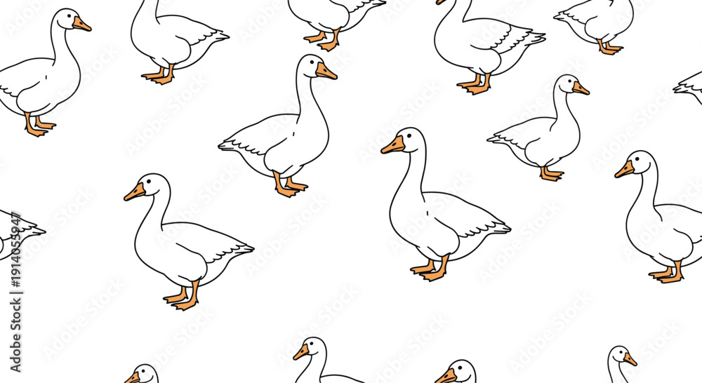 Obraz premium Simple seamless pattern of cute white geese with orange beaks and feet in a repeating design on a clean white background.