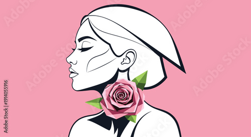 Stylish line art illustration of a woman's profile with a geometric pink rose choker necklace on a solid pastel pink background.