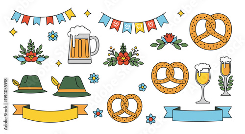 Colorful Oktoberfest celebration icon set featuring beer mugs pretzels traditional hats banners and floral elements for a festival.