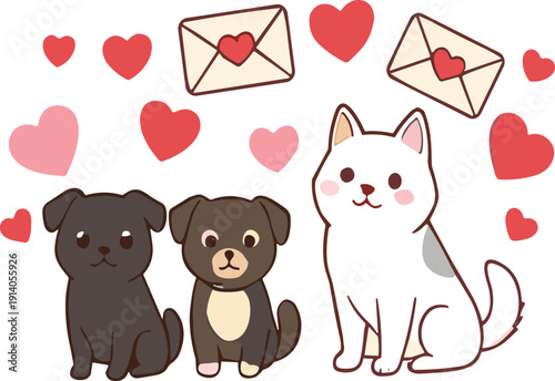 Cute valentine pets illustration with dogs cat love letters envelopes and hearts cartoon vector clipart set