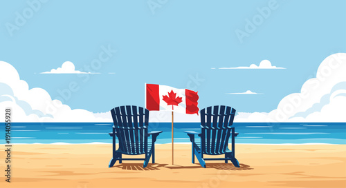 Two blue adirondack chairs facing the ocean with a Canadian flag on a beautiful sandy beach under a partly cloudy summer sky.