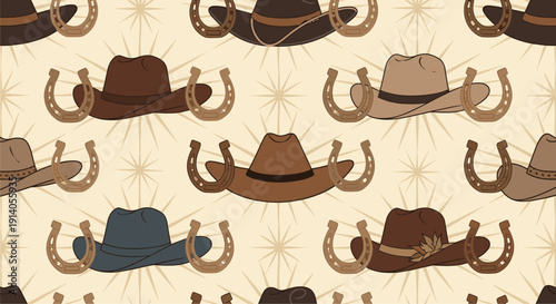Seamless vintage western pattern with various cowboy hats and horseshoes on a beige background with subtle starburst designs.