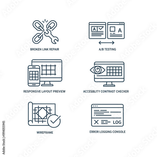 web development and ui ux design icons illustrating essential tools for ab testing accessibility and quality assurance in digital software projects