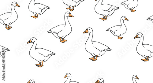 Simple seamless pattern of cute white geese with orange beaks and feet in a repeating design on a clean white background.