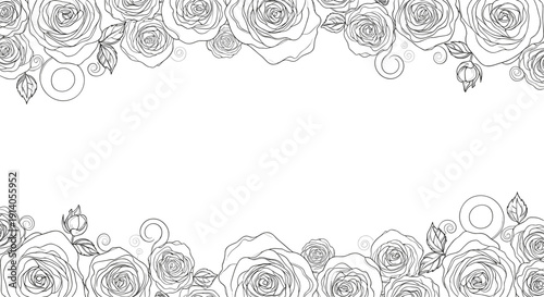 Elegant black and white floral frame made of hand-drawn outline roses at the top and bottom with copy space in the middle.