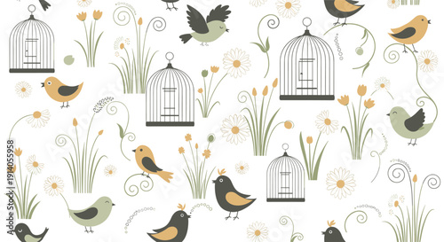Charming seamless pattern with cute birds birdcages and various flowers and swirls in a soft vintage color palette on white.