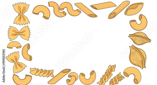 Rectangular frame made from a variety of uncooked pasta shapes like farfalle penne and fusilli on a clean white background.