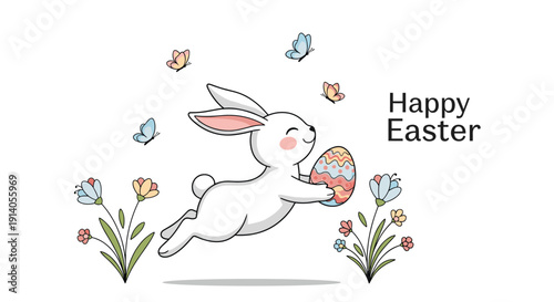 Cute Easter bunny hopping through a field of spring flowers with a decorated egg under the text 'Happy Easter' and butterflies.