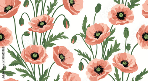 Seamless floral pattern of beautiful pink poppy flowers with green leaves and stems on a clean white background for design.
