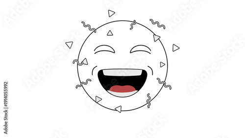 a cheerful cartoon laughing face with abstract sun-like rays radiating pure positive energy and joy on a clean white background.